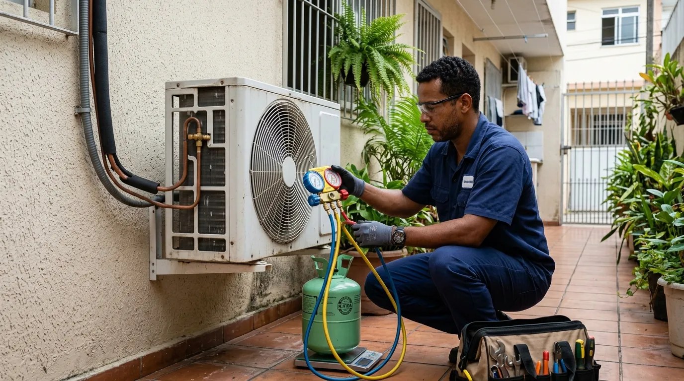 Técnico fazendo carga de gás na condensadora do ar-condicionado em Maringá‑PR