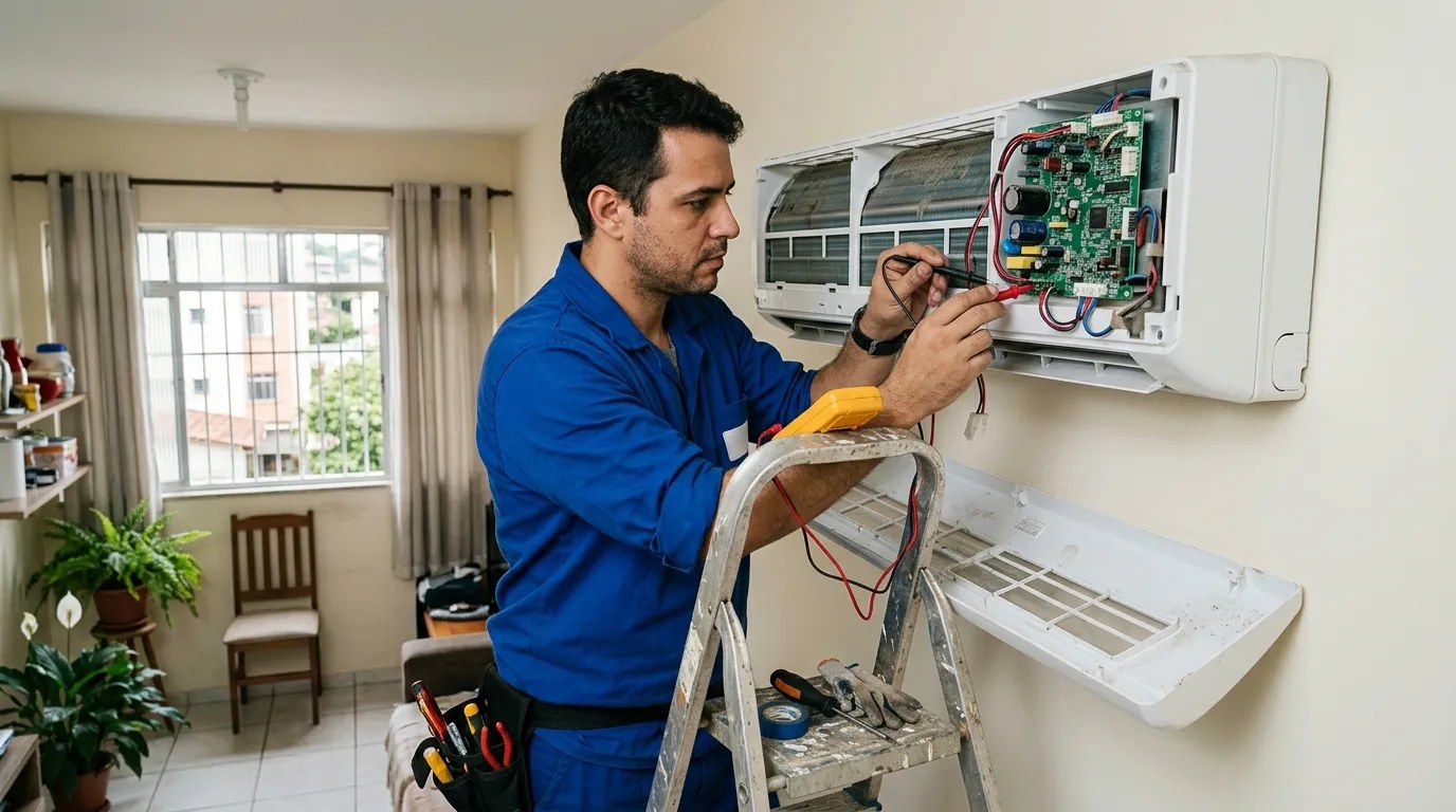 Técnico trocando a placa eletrônica de ar-condicionado split em Maringá‑PR