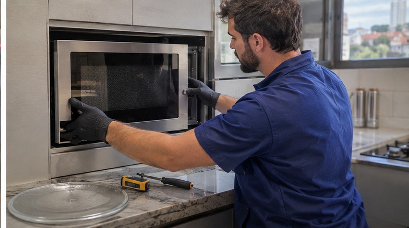 Conserto de micro-ondas de embutir em Maringá‑PR: técnico encaixando o aparelho no armário
