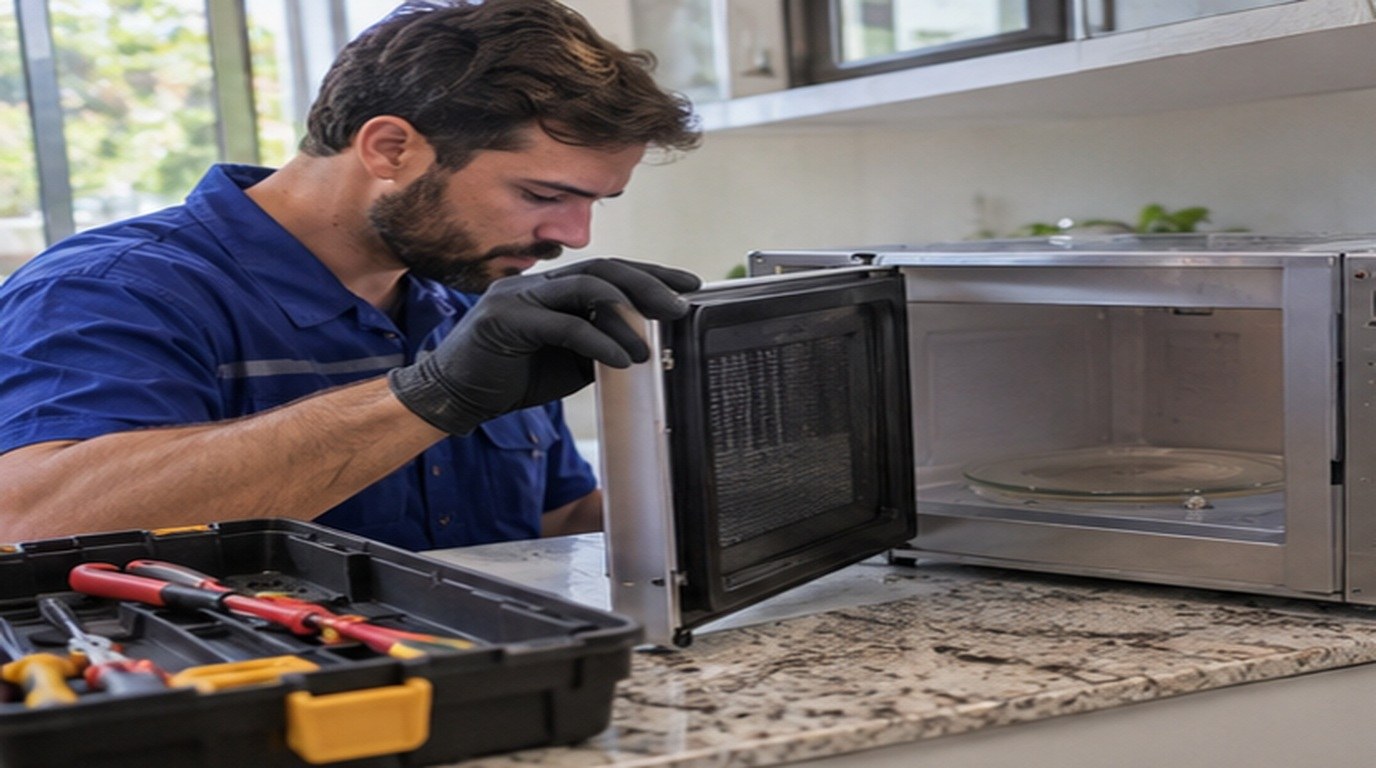 Conserto de micro-ondas em Maringá‑PR: técnico abrindo um micro-ondas de bancada
