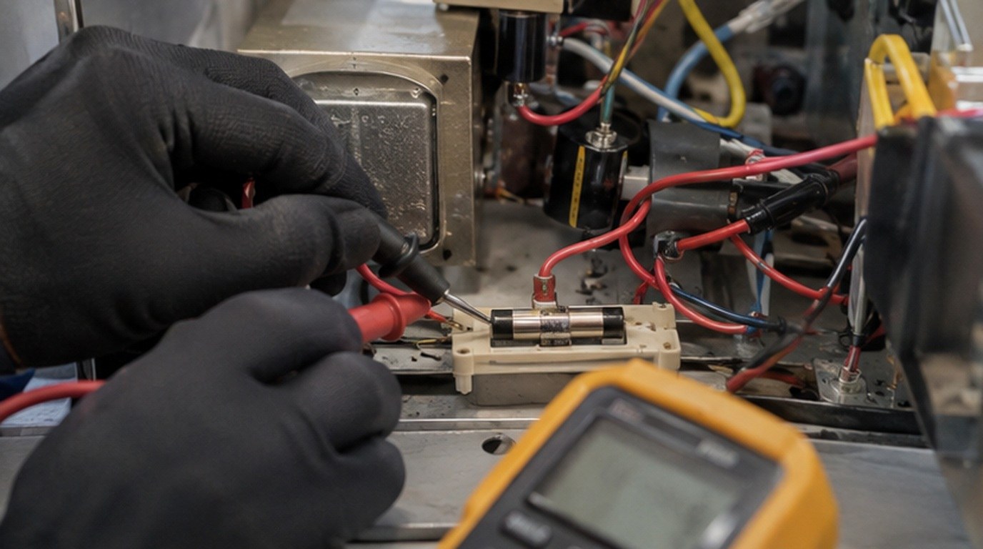 Conserto de micro-ondas em Maringá‑PR: teste do fusível e do diodo de alta tensão