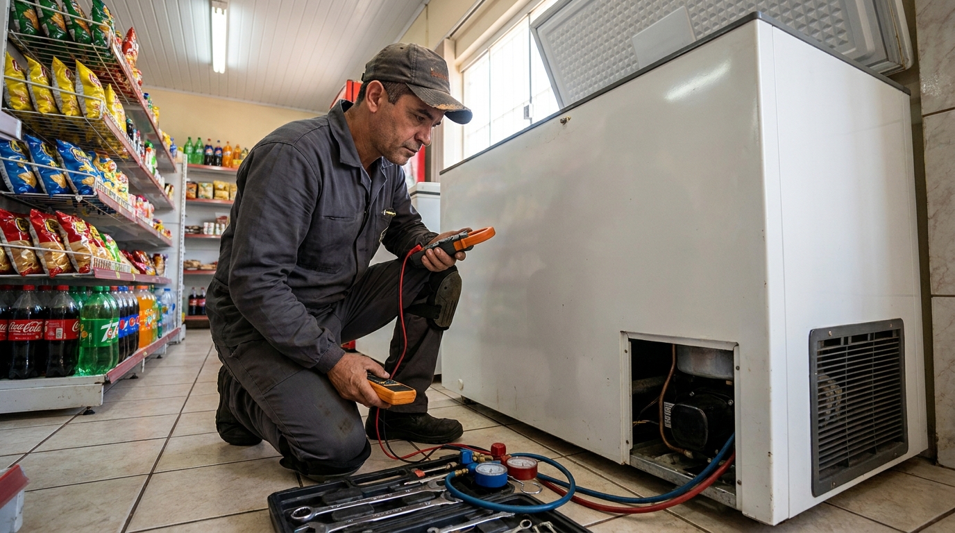 Reparo da placa eletrônica de um freezer em atendimento no Parque Tarumã, Maringá‑PR