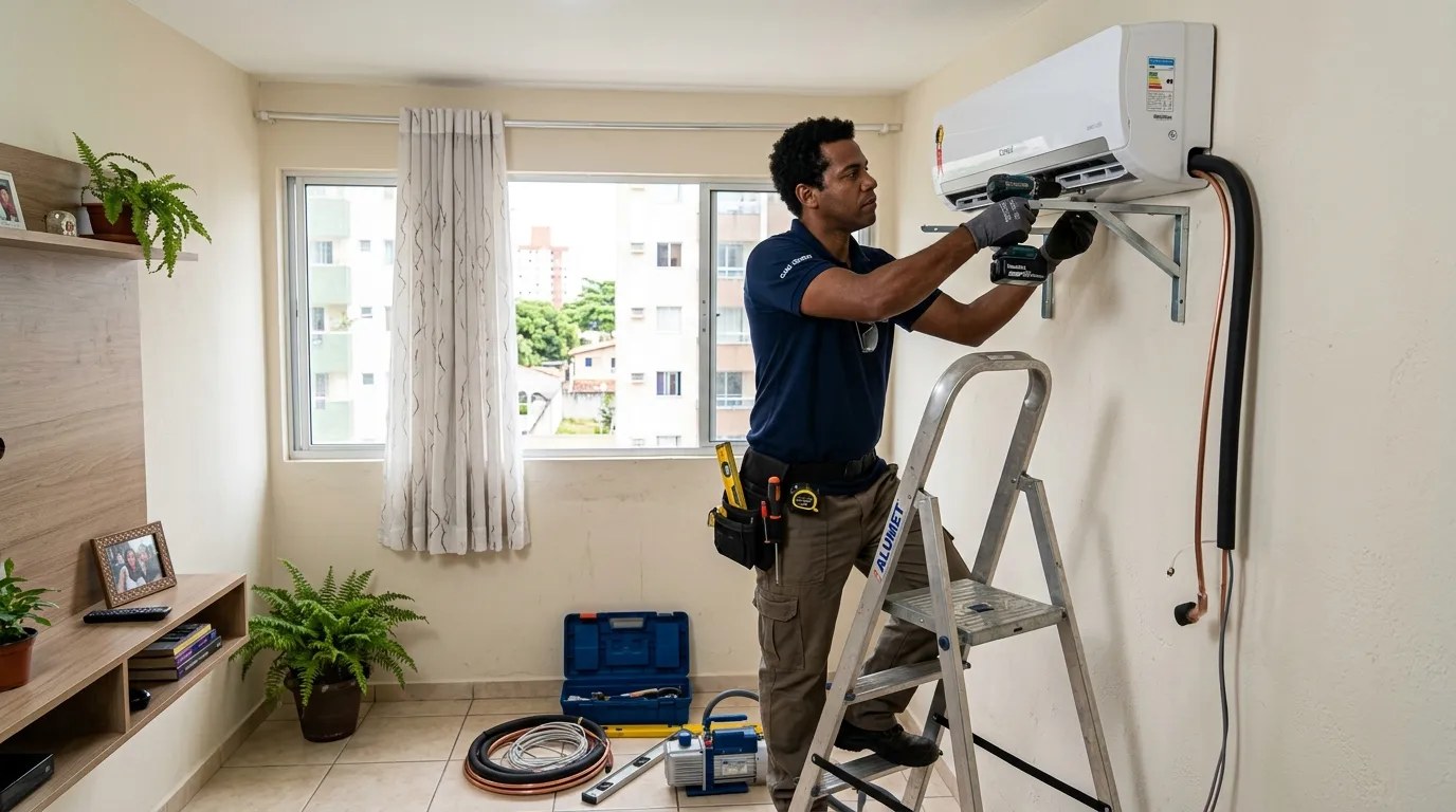 Técnico instalando ar-condicionado split em residência em Maringá‑PR