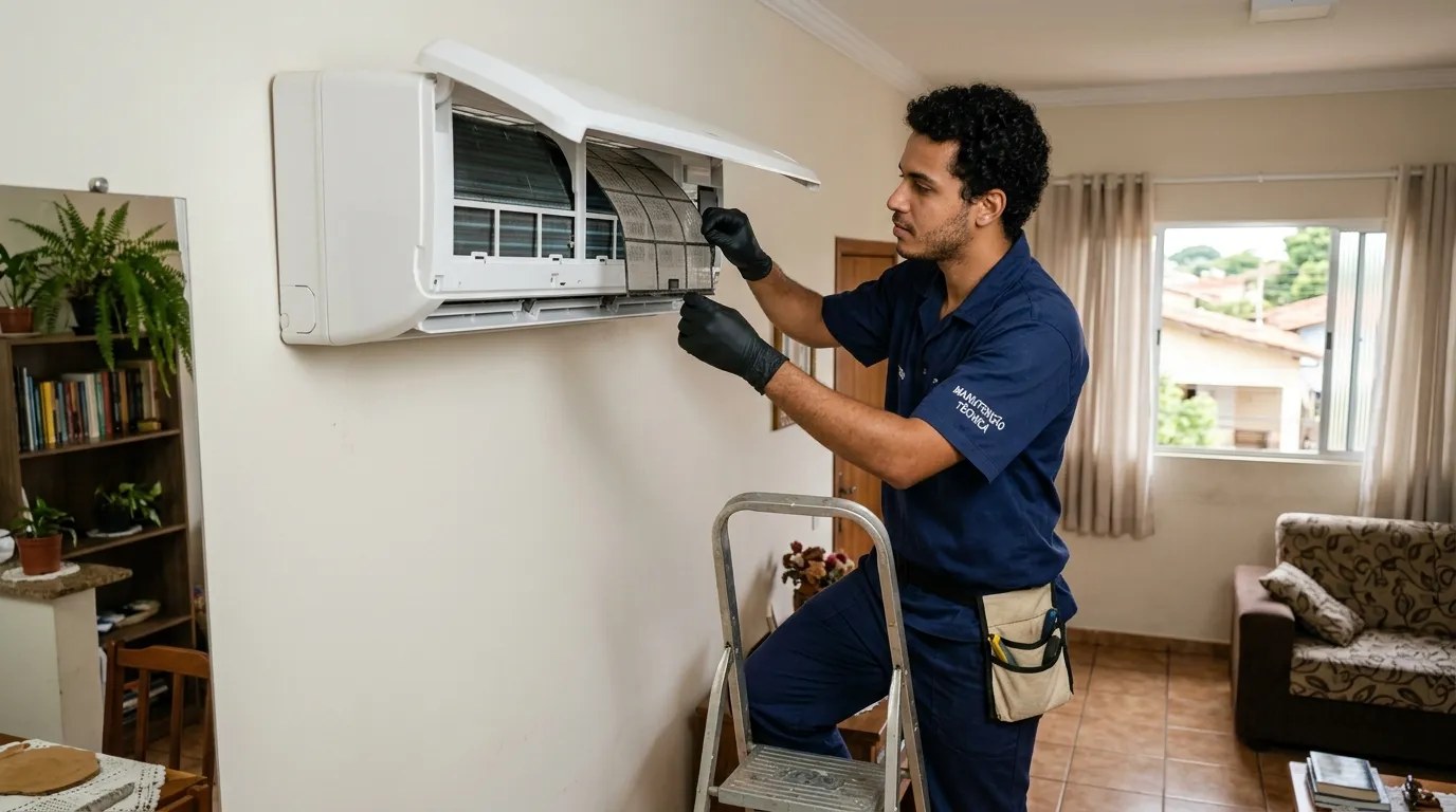 Técnico fazendo limpeza e higienização de ar-condicionado split em Maringá‑PR