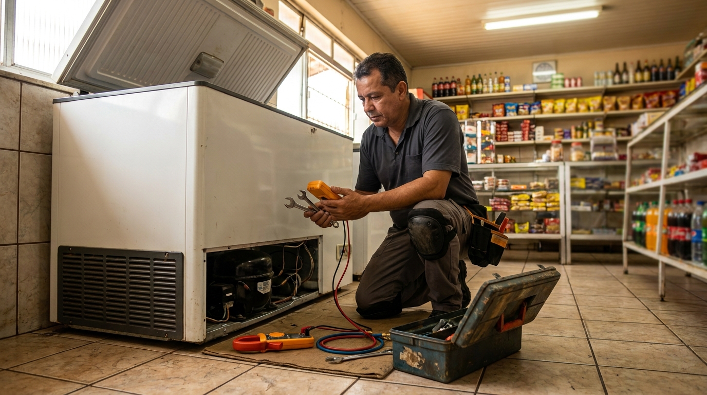 Técnico reparando o motor de um freezer horizontal no Parque Tarumã, Maringá‑PR