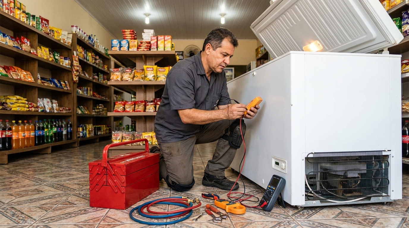Manômetro conectado ao circuito durante recarga de gás de freezer no Parque Tarumã, Maringá‑PR