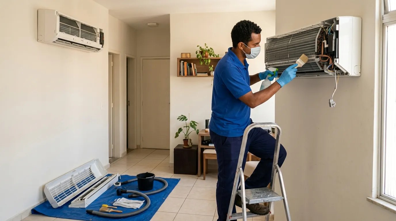 Técnico fazendo manutenção de ar-condicionado split em Maringá‑PR