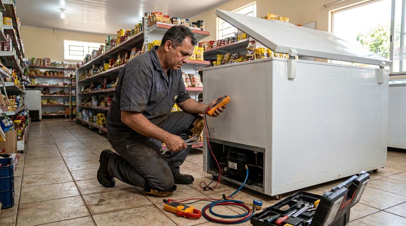 Troca de termostato de freezer em atendimento em Maringá‑PR